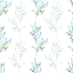Beautiful seamless pattern featuring olives and olive oil in watercolor technique perfect as a background or wallpaper for Italian cuisine lovers and nature enthusiasts