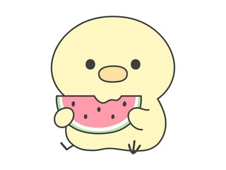 カットされたスイカを座って食べる可愛いひよこのイラスト