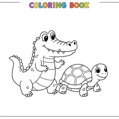 Coloring book page with cartoon crocodile and turtle smiling together happily