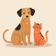 Cartoon Dog and Cat Sitting Together Cute Pet Illustration