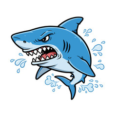 Cartoon illustration of an angry great white shark with water splashing around