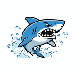 Cartoon Angry Shark Leaping from Water with Sharp Teeth and Fins