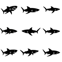 Collection of Shark Silhouettes in Various Poses on a White Background