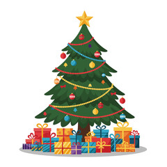 Decorated Christmas Tree with Star and Colorful Gifts Illustration on White Background
