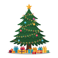 Christmas Tree with Gifts and Decorations Holiday Season Celebration Illustration