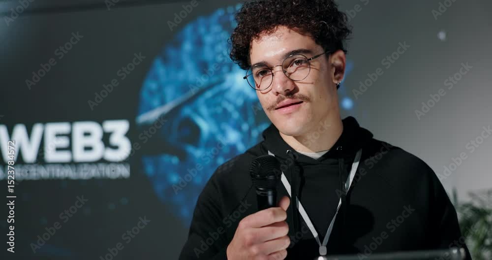 Poster Business man, microphone and speech at conference for web3, decentralized internet and innovation. Keynote speaker, convention and talking at summit for blockchain technology with future presentation