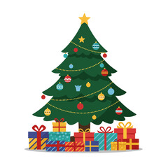 Decorated Christmas Tree with Colorful Ornaments and Wrapped Presents Illustration