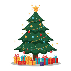 Festive Christmas Tree with Gifts Illustration on White Background for Holiday Season
