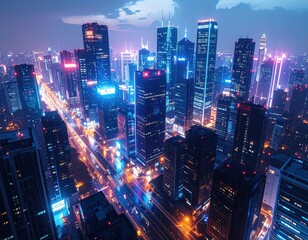 Fototapeta premium Futuristic cityscape displays colorful lights atop towe skyscrapers at night.