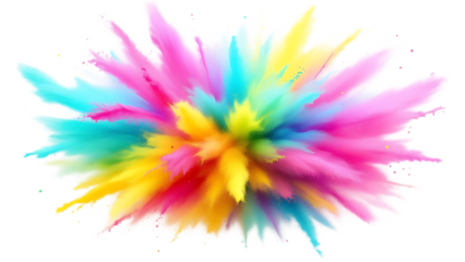 Vibrant rainbow dust powder explosion with dynamic motion, perfect for party, festival, or celebration themes. Transparent PNG with isolated background for easy design integration