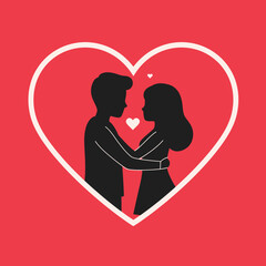 Silhouette couple embracing inside heart shape on red background for Valentines Day