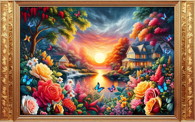 Pictures of beautiful house and the beauty of beautiful trees and beautiful leaves and  rose flowers in a gold frame. sunset 03