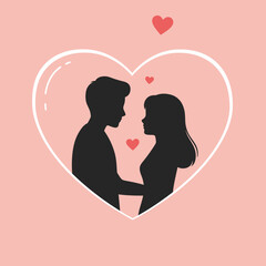 Silhouette of a romantic couple inside a heart shape on pink background