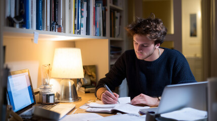 Obraz premium Student Studying Alone in Cozy Room with Desk Lamp