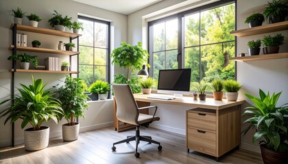 Bright modern home office with large and lush green indoor plants