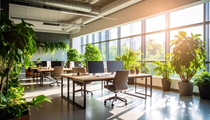 Sunny open office space features plants, desks, computers and large .