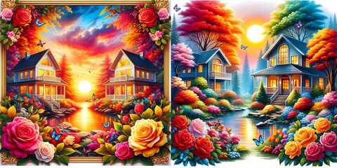 Pictures of beautiful house and the beauty of beautiful trees and beautiful leaves and  rose flowers in a gold frame. sunset 08