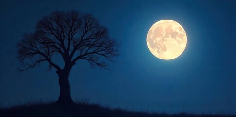 Naklejka premium A solitary, silhouetted branch reaches towards a luminous full moon in the night sky, creating a dramatic and serene scene Perfect for fantasy, nature, or mystical themes , atmosphere, sky