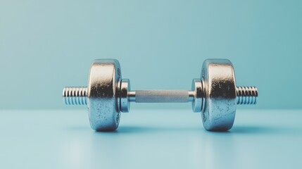 A silver dumbbell with a black grip sits on a light blue surface. It's for working out and getting stronger.

