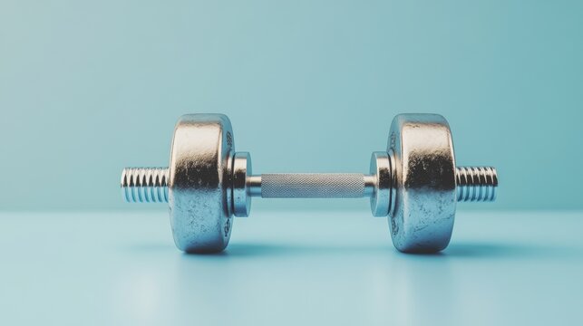 A silver dumbbell with a black grip sits on a light blue surface. It's for working out and getting stronger.
