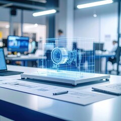 Futuristic Digital Camera Model on Transparent Surface in Modern Innovation Lab