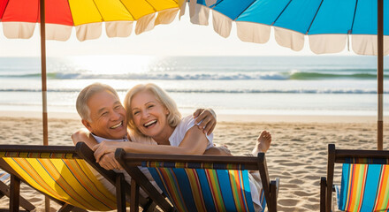 Obraz premium Beautiful elderly couple of pensioners hugging and smiling while lying on deck chairs under beach umbrellas on the beach, Summer vacation concept, hello summer, summer vacation