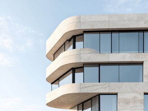 Modern building with curved architecture and large glass windows against clear sky, showcasing contemporary design and elegance - Powered by Adobe