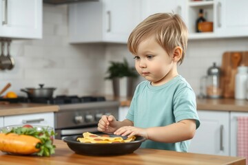 Toddler Eating Pancakes High-Resolution Stock Photo of Child in Kitchen