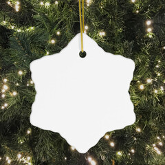 Snowflake White Ceramic Flat Ornament, Blank, Hanging on Christmas Tree, Gold String - Snowflake Ornament Mockup