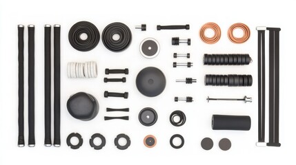 Fototapeta premium Fitness stuff on a white background, seen from above. Includes weights, bands, scales, and a fitness tracker. Great for working out, therapy, or losing weight at home. 