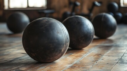 Old, leather workout balls are in the gym for exercise. Add your words or designs! Plenty of space.
