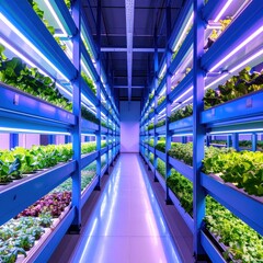 Rows of leafy greens grow in an indoor vertical farm under artificial lights.