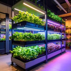 Vertical farming shows fresh produce growing indoors with vibrant lights.