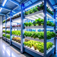 Crops grow vertically in a high tech indoor farm with blue light panels.