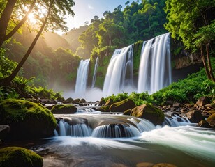 Beautiful Long Waterfall Flowing Through Dense Green Tropical Forest Scene