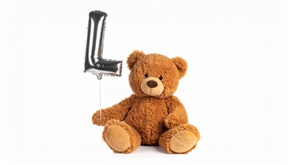 Obraz premium Cute brown teddy bear with balloon letter L. Baby name reveal after child birth. Stuffed animal isolated on white background
