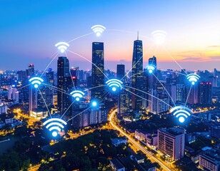 Wireless network connected to modern city skyline at night demonstrates connectivity.