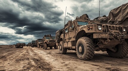 Tough military gear is ready under cloudy skies. This shows how serious the war training and planning are.
