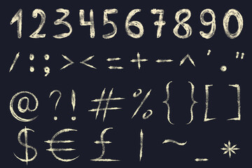 Chalk Numbers and Math Symbols on Blackboard. Mathematical Signs, School Chalkboard Style Numbers and Math Elements. Vector illustrations