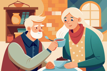 man feeding elderly woman with a spoon, warm interior, soft fabric surroundings