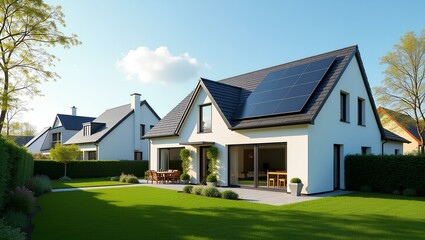 Solar Panels on Modern House Roof in Suburb