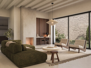 Modern living room with olive sofa, wood accents, and large windows overlooking greenery. Calm and minimal, 3d render

