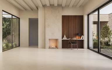 Modern living room with olive sofa, wood accents, and large windows overlooking greenery. Calm and minimal, 3d render

