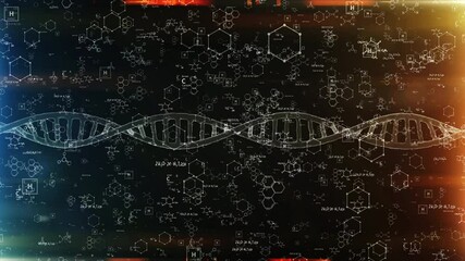 Animated DNA Strand with Chemical Structures and Molecular Formulas in Dark Background - Powered by Adobe