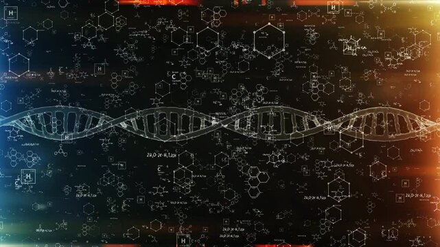 Animated DNA Strand with Chemical Structures and Molecular Formulas in Dark Background - Powered by Adobe