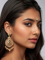 closeup side profile portrait of beautiful indian woman, isolated on white background
