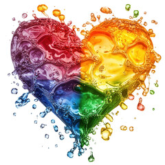 pride month concept. A colorful heart shaped splash of water. isolated on white background
