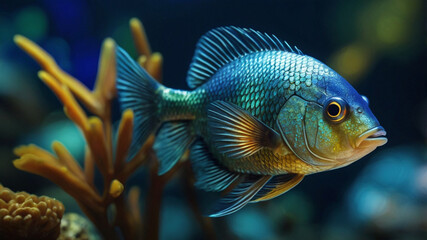 Obraz premium Photorealistic Close-Up of Vibrant Blue-Gold Tropical Fish with Iridescent Scales and Underwater Coral Background