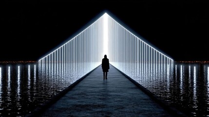 Obraz premium Anxiety disorder through stress healing and support concept. A figure standing in a surreal pathway illuminated by lights.