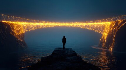 Fototapeta premium Anxiety disorder through stress healing and support concept. A glowing bridge at dusk with a silhouetted figure in contemplation.
